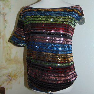 Rainbow Sequined Top Asymmetrical Neckline Off Shoulder Retro Hippy Women's Top